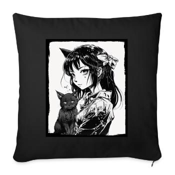 Anime Girl Cat Kitten Manga Ink Flower Neon - Sofa pillowcase 17,3'' x 17,3'' (45 x 45 cm) - black - Front