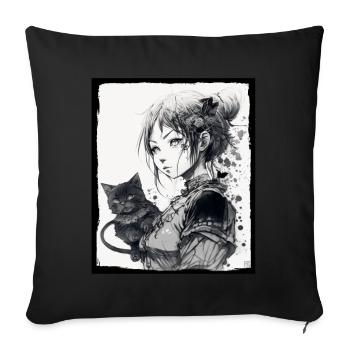 Anime Girl Cat Kitten Manga Ink Flower Neon - Sofa pillowcase 17,3'' x 17,3'' (45 x 45 cm) - black - Front