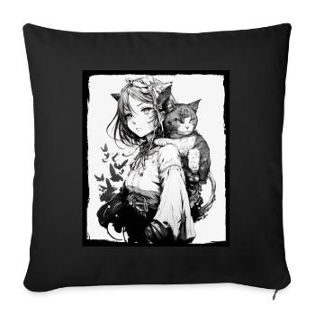 Anime Girl Katze Kätzchen Manga Ink Blume Neon - Sofakissenbezug 45 x 45 cm - Schwarz - Vorne