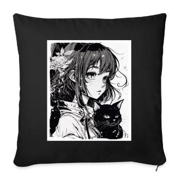 Anime Girl Katze Kätzchen Manga Ink Blume Neon - Sofakissenbezug 45 x 45 cm - Schwarz - Vorne