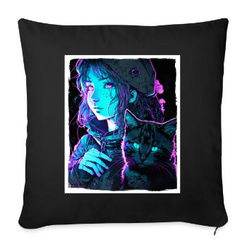 Anime Girl Katze Kätzchen Manga Ink Blume Neon - Sofakissenbezug 45 x 45 cm - Schwarz - Vorne