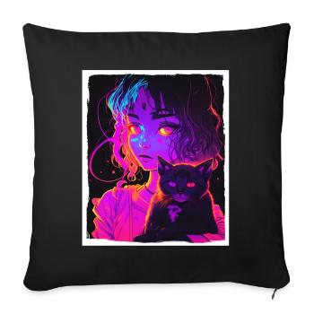 Anime Girl Katze Kätzchen Manga Ink Blume Neon - Sofakissenbezug 45 x 45 cm - Schwarz - Vorne