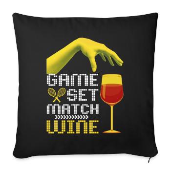 Jeu de tennis set match drôle de dicton avec du vin - Housse de coussin décorative 45 x 45 cm - noir - Devant