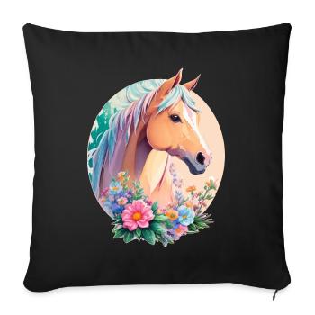 Pastell Farben Pony Pferd Kunst mit Blumen - Sofakissenbezug 45 x 45 cm - Schwarz - Vorne
