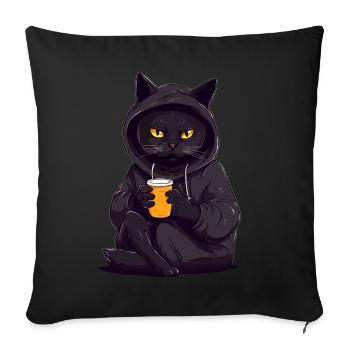 Black cat hoodie motif with cocoa coffee - Sofa pillowcase 17,3'' x 17,3'' (45 x 45 cm) - black - Front