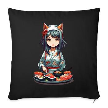 Anime Sushi Master Kawaii Fille Kemonomimi - Housse de coussin décorative 45 x 45 cm - noir - Devant