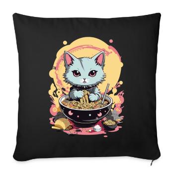 Chat Ramen Japon Esthétique pastel - Housse de coussin décorative 45 x 45 cm - noir - Devant