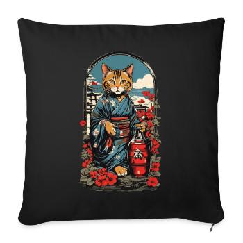 Katze Sake Japanischer Vintage Kunst - Sofakissenbezug 45 x 45 cm - Schwarz - Vorne