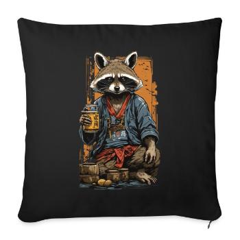 Waschbär Japanischer Sake Vintage Kanji Kunst - Sofakissenbezug 45 x 45 cm - Schwarz - Vorne