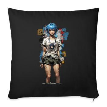 Design de style de rue anime avec des cheveux bleus - Housse de coussin décorative 45 x 45 cm - noir - Devant
