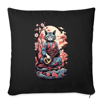 Cat with Shamisen Vintage Japan Yokai Art - Sofa pillowcase 17,3'' x 17,3'' (45 x 45 cm) - black - Front