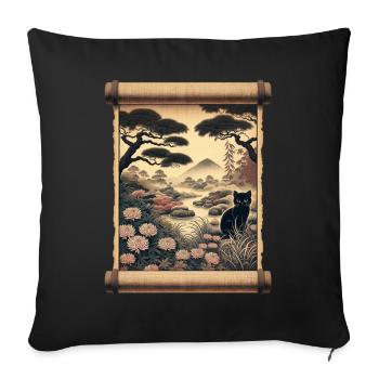 Mt. Fuji Flower Papyrus Scroll Retro - Sofa pillowcase 17,3'' x 17,3'' (45 x 45 cm) - black - Front