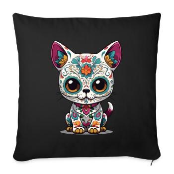 Chat Kawaii Emblématique Sugar Skull Mexique - Housse de coussin décorative 45 x 45 cm - noir - Devant