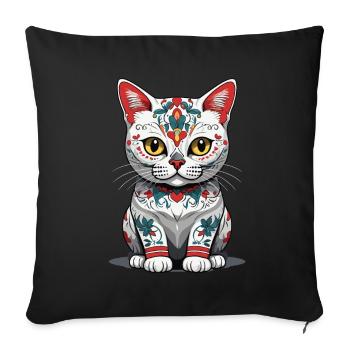 Chat Iconique Sugar Skull Mexique Streetwear - Housse de coussin décorative 45 x 45 cm - noir - Devant