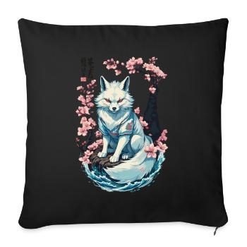 Weißer Kitsune Fuchs Japanische Kirschblüten - Sofakissenbezug 45 x 45 cm - Schwarz - Vorne