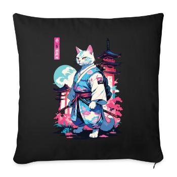 Chat Samouraï Vaporwave Esthétique Style Japon - Housse de coussin décorative 45 x 45 cm - noir - Devant