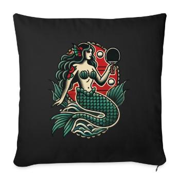Tatouage rétro style tennis de table sirène - Housse de coussin décorative 45 x 45 cm - noir - Devant