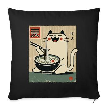 Kawaii Cat Ramen Nouilles Streetwear Ukiyo-E - Housse de coussin décorative 45 x 45 cm - noir - Devant