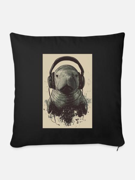 Seekuh Manatee Headphones Kopfhörer Musik - Sofakissenbezug 45 x 45 cm - Schwarz