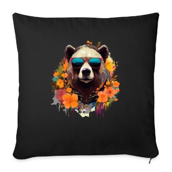 ours coloré cool avec des lunettes de soleil et des fleurs - Housse de coussin décorative 45 x 45 cm - noir - Devant