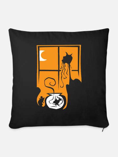 Halloween Katze Maus Fisch orange Fenster Mond - Sofakissenbezug 45 x 45 cm - Schwarz