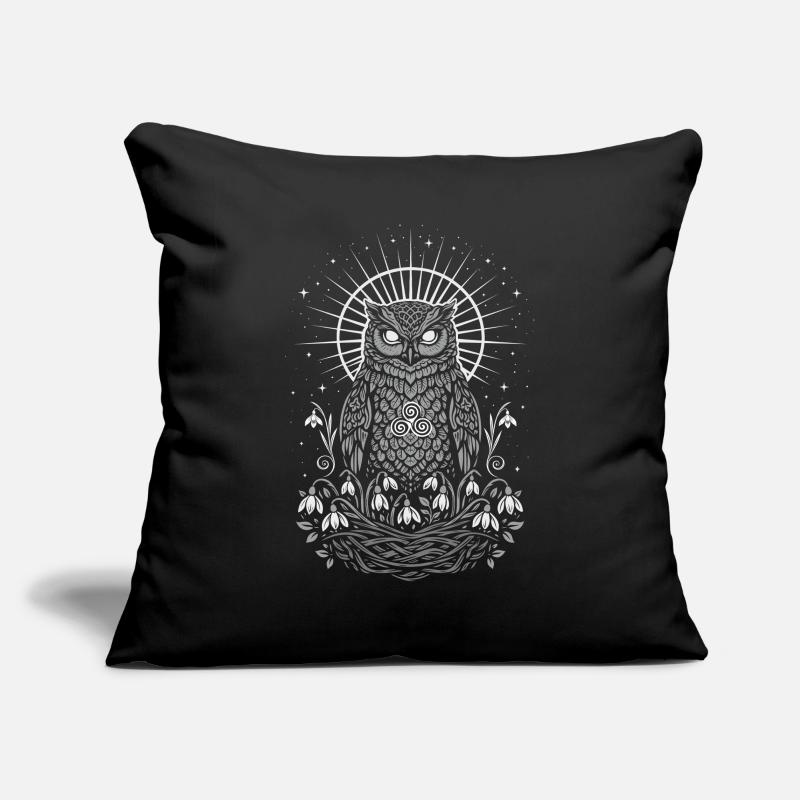 Hibou Imbolc avec Trisquelette et Perce-neige Housse de coussin décorative 45 x 45 cm