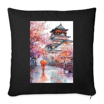 Pagode japonaise et cerisiers en fleurs - Housse de coussin décorative 45 x 45 cm - noir - Devant
