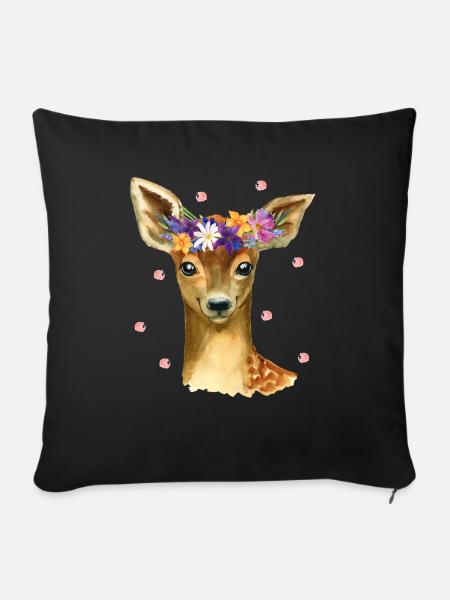 Cute Baby Deer Rehkitz Reh mit Blumen und Konfetti - Sofakissenbezug 45 x 45 cm - Schwarz