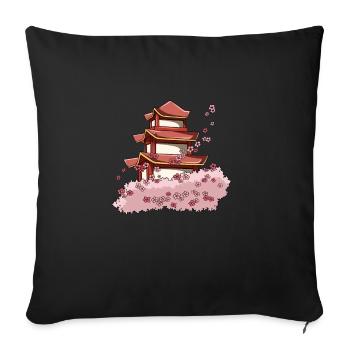 Temple japonais avec des cerisiers en fleurs - Housse de coussin décorative 45 x 45 cm - noir - Devant