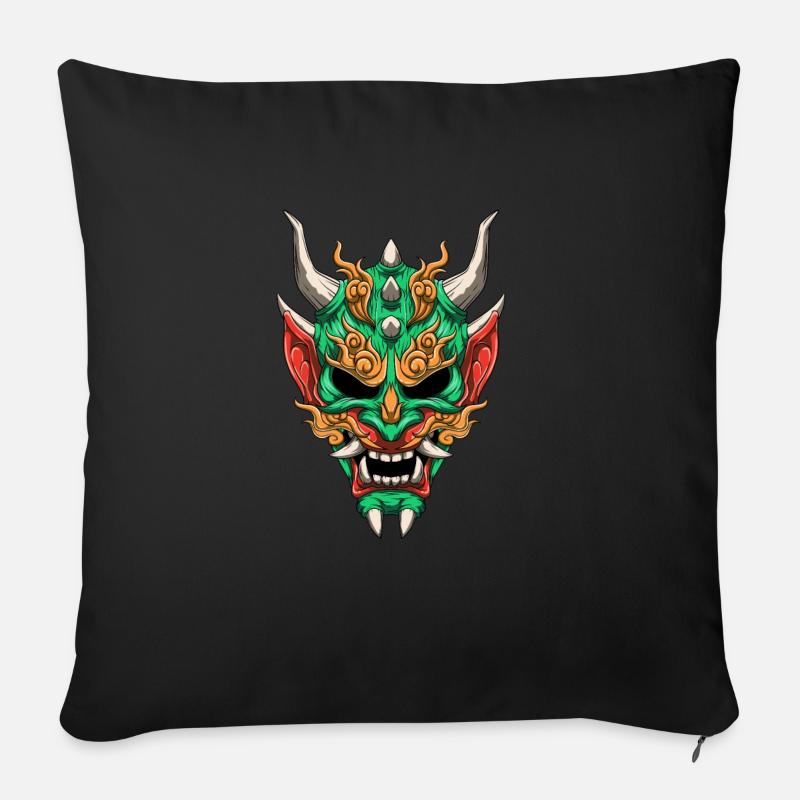 Oni Maske - Grüner Yokai Dämon - Sofakissenbezug 45 x 45 cm - Schwarz