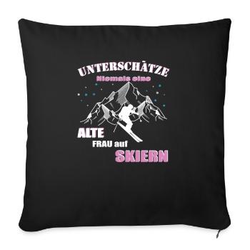 Skifahrerin, Alte Frau auf Skiern - Sofakissenbezug 45 x 45 cm - Schwarz - Vorne