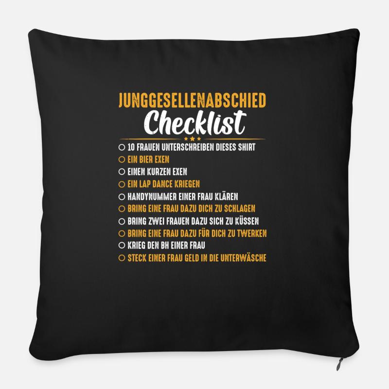 Junggesellenabschied - Checkliste T-Shirt - Sofakissenbezug 45 x 45 cm - Schwarz