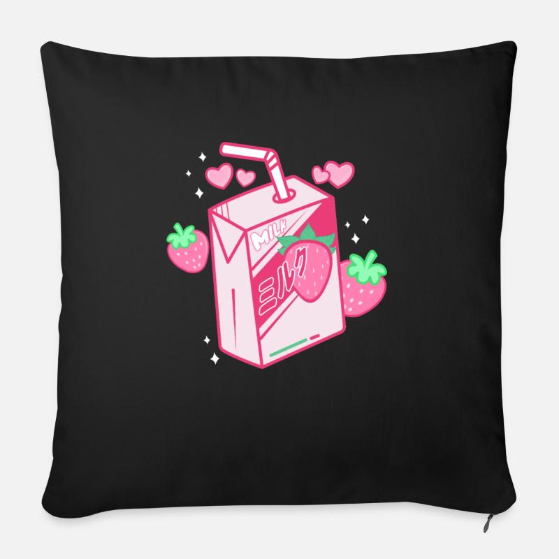 Erdbeermilch, Japanisch, Kawaii, Erdbeermilch - Sofakissenbezug 45 x 45 cm - Schwarz