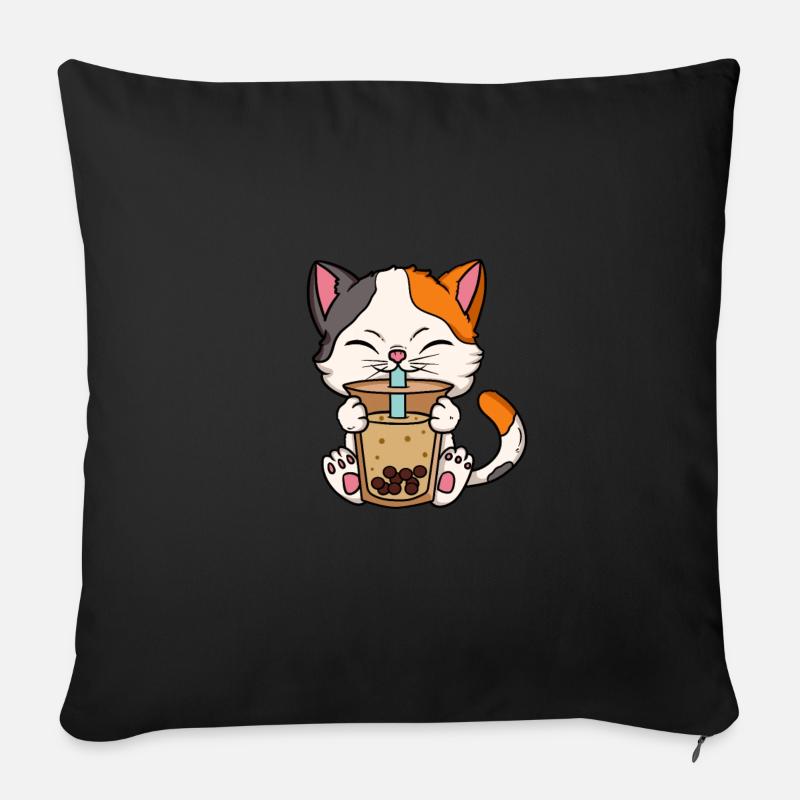 Le chat boit du lait Mignon kawaii anime - Housse de coussin décorative 45 x 45 cm - noir