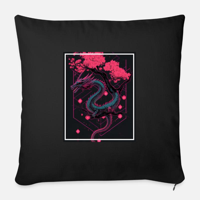 Drachen Japan Kirschblüte Berge Neon Retro Fabel - Sofakissenbezug 45 x 45 cm - Schwarz