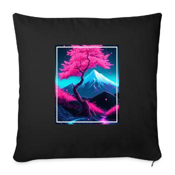 Fantasy Japan Cherry Blossom Mountains Neon Retro Fable - Sofa pillowcase 17,3'' x 17,3'' (45 x 45 cm) - black - Front