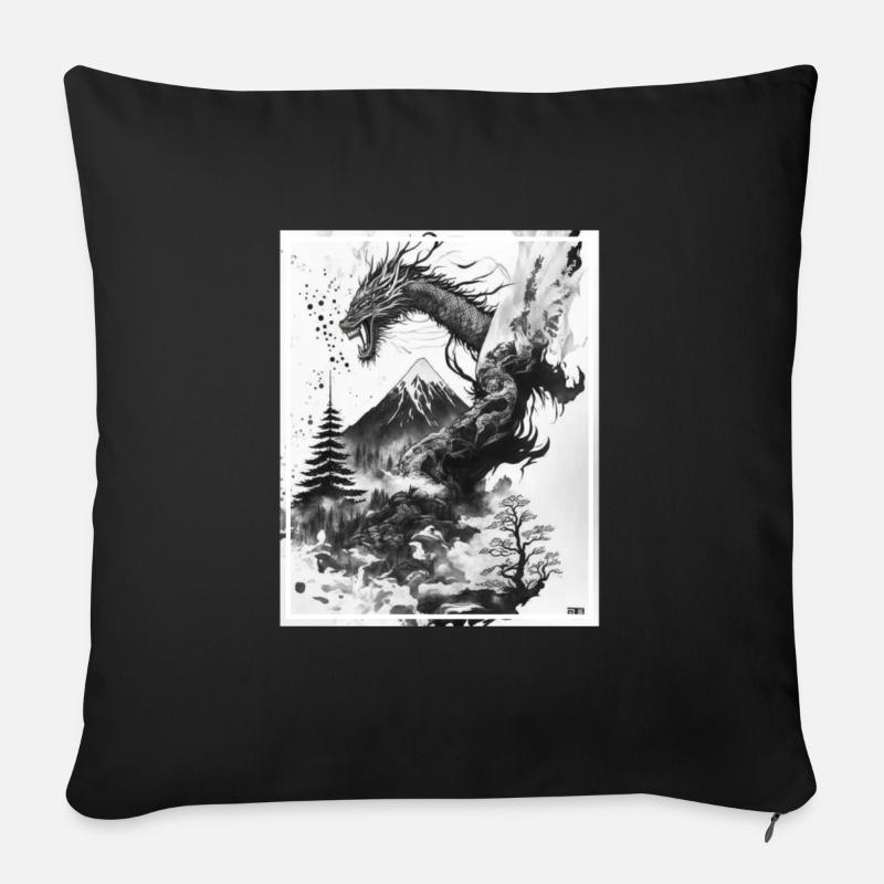 Drachen Japan Kirschblüte Berge Neon Retro Fabel - Sofakissenbezug 45 x 45 cm - Schwarz