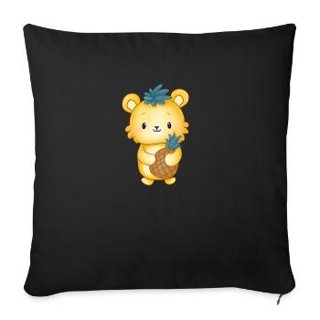 Bär mit Ananas in der Hand und Ananasblätter auf - Sofakissenbezug 45 x 45 cm - Schwarz - Vorne