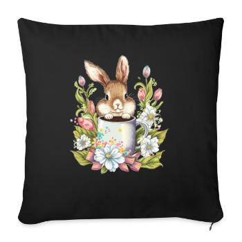 Lapin de Pâques avec fleurs et tasse à café Chemises de Pâques - Housse de coussin décorative 45 x 45 cm - noir - Devant
