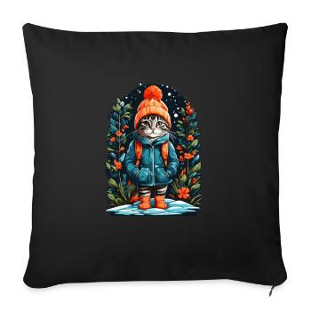 Shorthair cat with winter hat happy - Sofa pillowcase 17,3'' x 17,3'' (45 x 45 cm) - black - Front