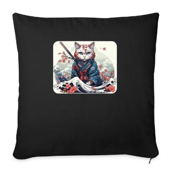 Chat samouraï japonais Japon Esthétique Amoureux des chats - Housse de coussin décorative 45 x 45 cm - noir - Devant
