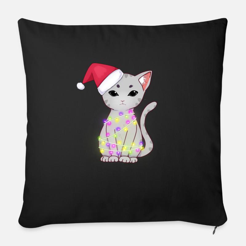 Niedliche graue Katze mit Weihnachtslichtern, Weihnachtsmütze - Sofakissenbezug 45 x 45 cm - Schwarz