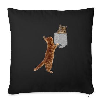 Chat atteignant le hibou dans une fausse poche imprimée drôle - Housse de coussin décorative 45 x 45 cm - noir - Devant