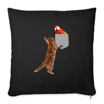 Chat atteignant l’ara rouge dans une fausse poche imprimée - Housse de coussin décorative 45 x 45 cm - noir - Devant