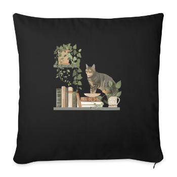 Black cat with books and plants - Sofa pillowcase 17,3'' x 17,3'' (45 x 45 cm) - black - Front