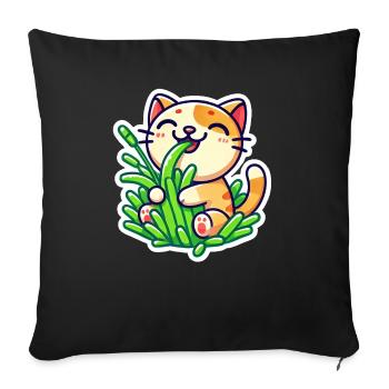 Chat roux mignon mangeant de l’herbe verte - Housse de coussin décorative 45 x 45 cm - noir - Devant