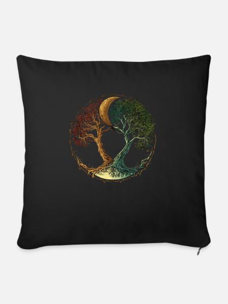 Baum des Lebens mit Mond und Jahreszeiten Wechsel - Sofakissenbezug 45 x 45 cm - Schwarz