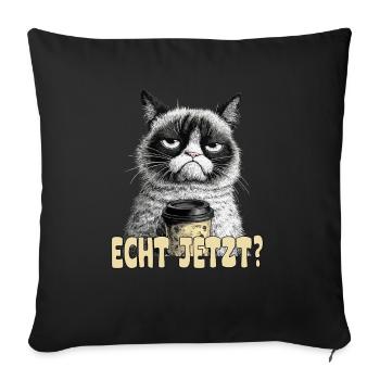 Lustige Katze mit Kaffee und Spruch; Echt jetzt? - Sofakissenbezug 45 x 45 cm - Schwarz - Vorne
