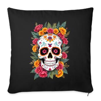 Tête de mort mexicaine sugar skull calavera fleurs - Housse de coussin décorative 45 x 45 cm - noir - Devant