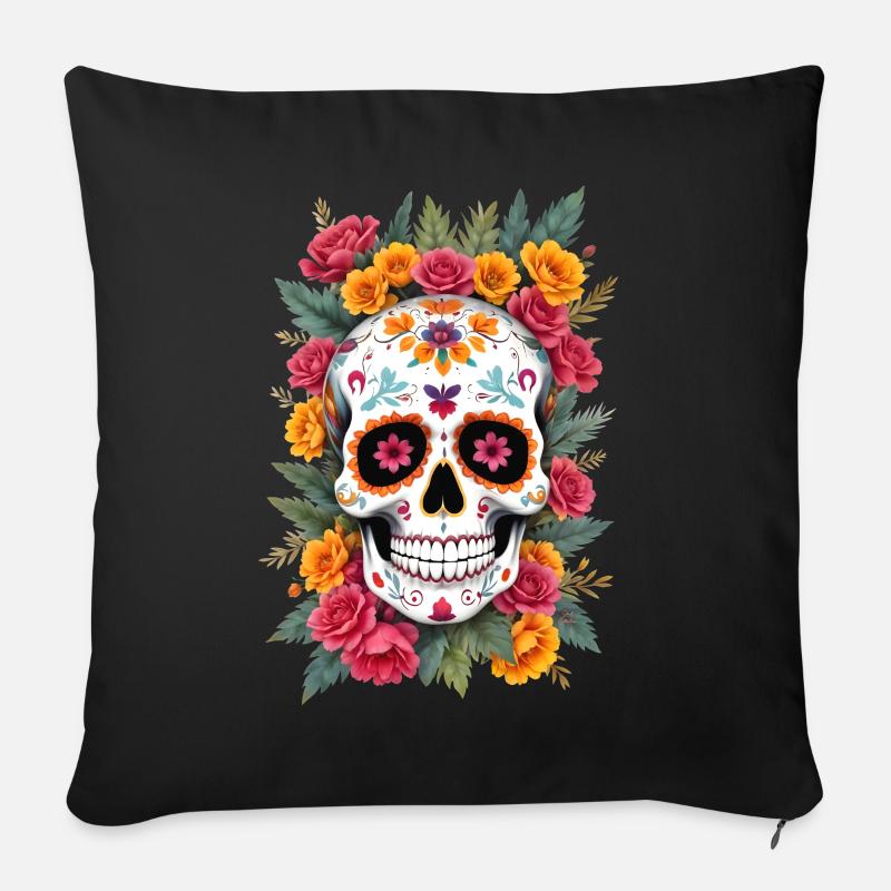 Tête de mort mexicaine sugar skull calavera fleurs - Housse de coussin décorative 45 x 45 cm - noir
